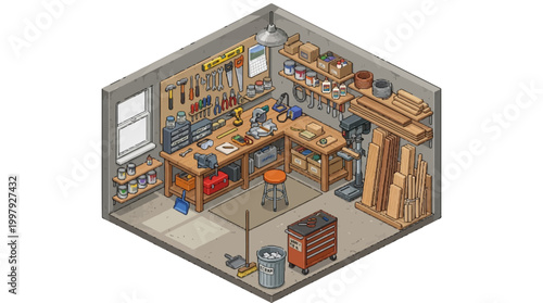 An isometric view of a cluttered workshop interior with various tools and equipment scattered around the room.
