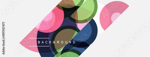 Abstract geometric shapes overlap. Pink, green, blue hues dominate white space. Text reads BACKGROUND. Minimalist design, modern aesthetic.