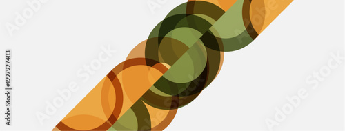 Abstract design features overlapping circles, creating braided pattern. Warm colors dominate neutral background. Simple, modern aesthetic.