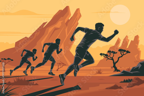 Silhouetted runners compete in a desert landscape with rocky mountains and a bright sun