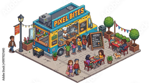 People enjoy eating at a vibrant food truck scene on a street