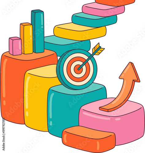 Business growth staircase with KPI icons