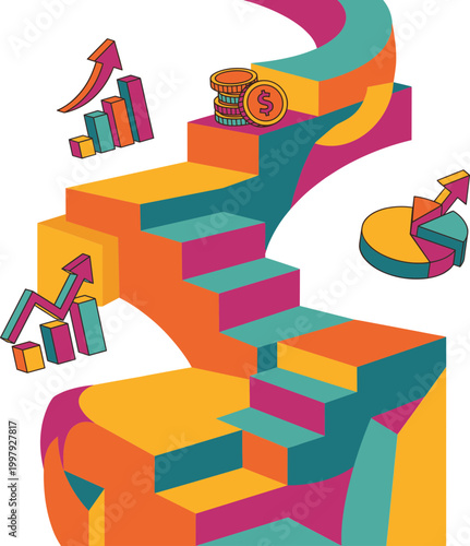 Business growth staircase with KPI icons