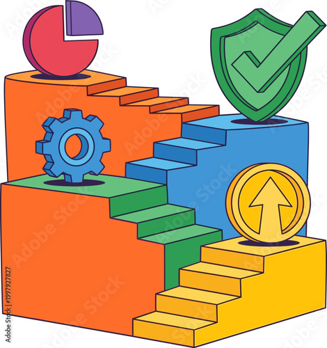 Business growth staircase with KPI icons