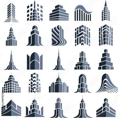collection of modern city skyscrapers and buildings flat design vector illustration