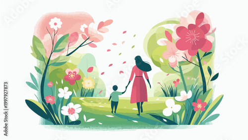 Parent and Child Walking in Colorful Garden, Mother's Day