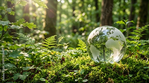 Earth globe on mossy forest floor with dappled sunlight environment conservation