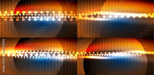 Bright glowing lines, circles, dots create abstract background. Orange, yellow, blue colors dominate dark space. Modern design element.