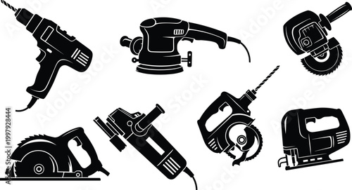 Black silhouette power tools set including drill sander grinder circular saw jigsaw isolated on white background for construction and repair