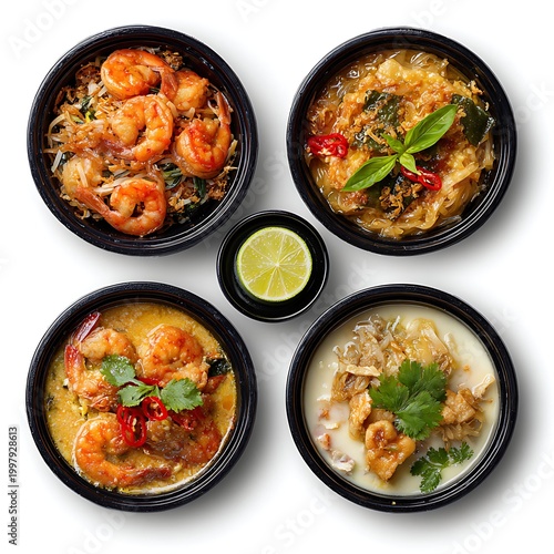 Set of top view delicious Thai food in black bowl, shrimp pad thai, Tom Yam Kung, Thai food Green curry chicken, Coconut milk isolated on with white background