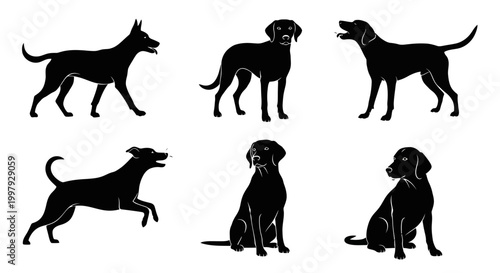 Set of Black Dog Silhouettes in Various Poses
