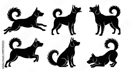 Set of Black Dog Silhouettes in Various Poses and Actions