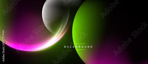 Abstract design features overlapping circles, vibrant colors. Gradient transitions create dynamic visual effect. Dark background enhances luminosity.