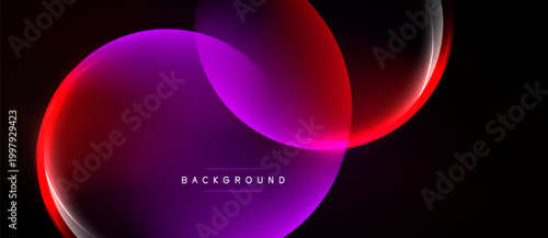 Abstract shapes overlap, creating vibrant gradients. Red, purple hues dominate dark background. Modern design element.