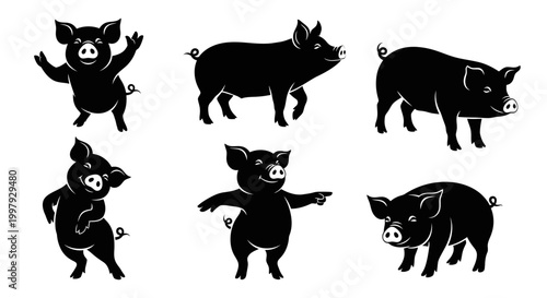 Set of Cute Pig Silhouettes in Different Poses
