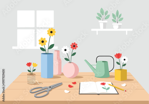 Bild auf Leinwand A serene indoor gardening scene with flowers and tools