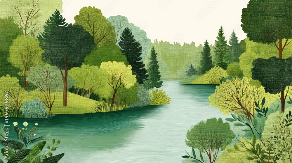 Fototapeta premium Watercolor serene river forest landscape nature green calm, gentle waterway winding through lush trees and soft light, quiet spring mood