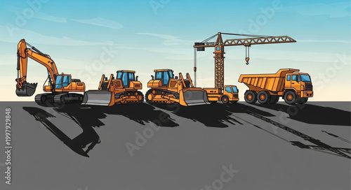 Tableau sur toile Construction vehicles lined up on a flat surface under a clear sky