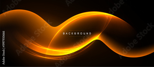 Abstract orange waves over black background. Dynamic light effect creates smooth curves, modern design element.