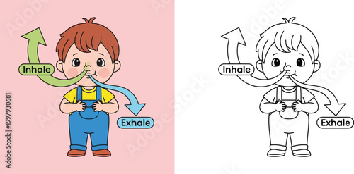 Educational illustration showing a boy breathing with inhale and exhale labels includes colored version and black and white line art coloring page for kids science and health projects