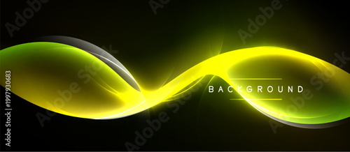 Abstract neon waves, vibrant yellow glow, dark background. Smooth curves create dynamic visual effect. Modern design element.