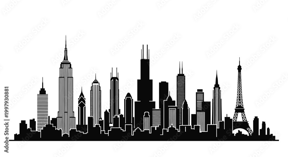 Obraz premium Black city skyline silhouette with world famous landmarks