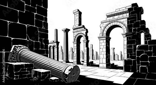 Black and white illustration of ancient stone ruins and arches