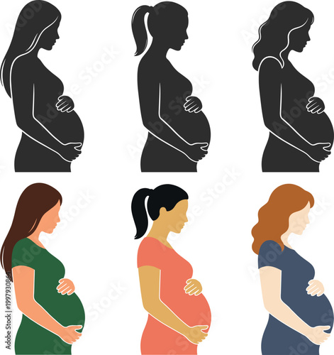 Pregnant woman silhouette icon set in flat vector style featuring maternity stages and female profiles for healthcare, parenting, and lifestyle design projects