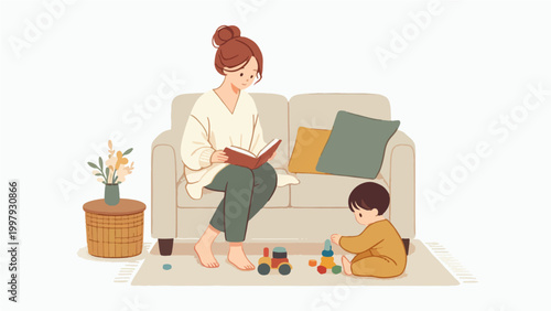 Parent Reading While Child Playing with Toys, Mother's Day