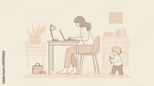 Parent Working at Desk While Child Nearby, Mother's Day