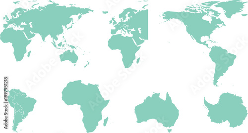 World map icon set in flat vector style featuring global continents for geography, travel, education, and international business design projects