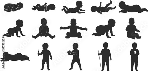 Baby and toddler silhouette icon set featuring crawling, sitting, and playing child poses for parenting, childcare, and development design projects