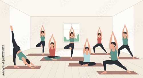 Diverse Group Practicing Yoga Poses in Bright Studio