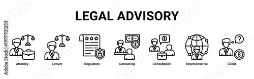 Legal Advisory banner with attorney,lawyer,regulatory,consulting,consultation,representative and client icons for legal service concept