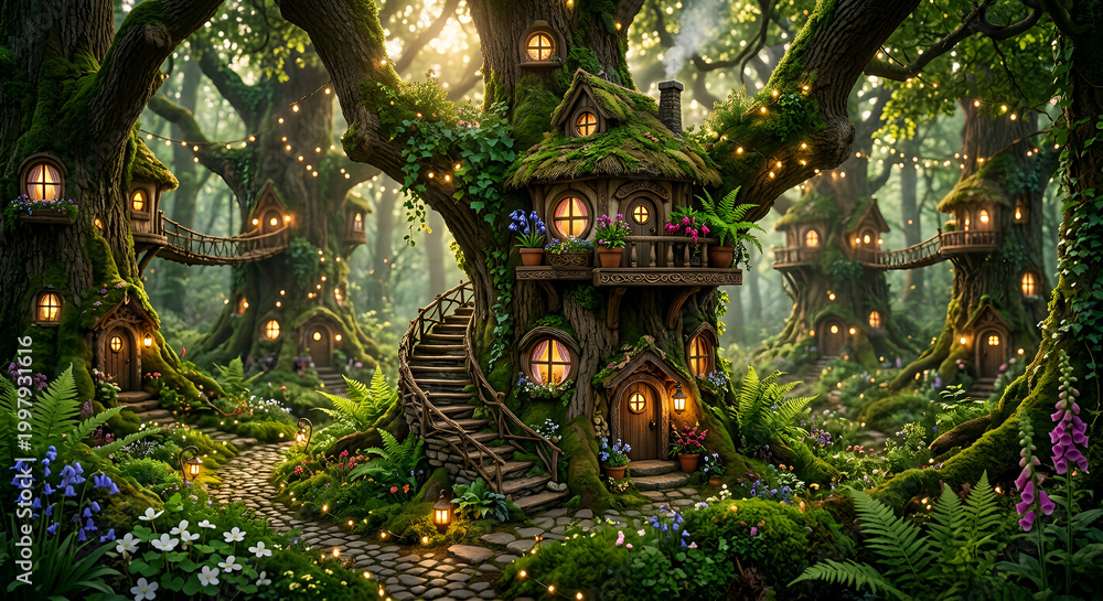 Fototapeta premium Enchanted Fairy Treehouse Village in Magical Forest