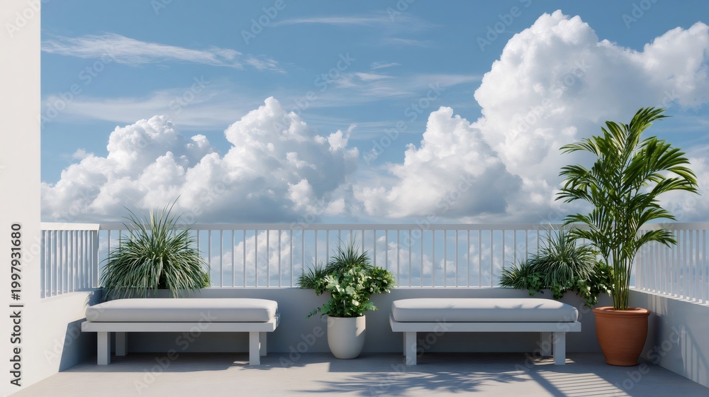 Naklejka premium Rooftop terrace with tropical plants and comfortable benches