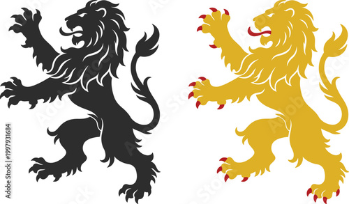 Heraldic lion icon set in flat vector style featuring medieval crest symbols for royal branding, emblems, and classic design projects