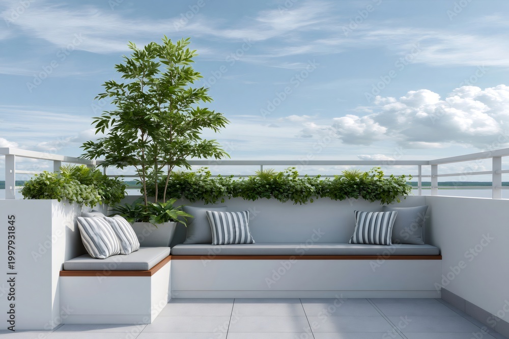 Naklejka premium Modern rooftop terrace with built-in seating enjoying sky view