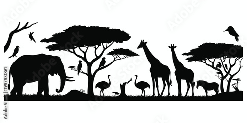 African savanna animals and trees silhouette elephant