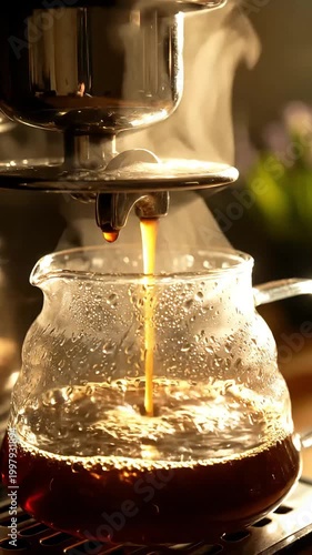 Fresh Hot Coffee Brewing into Glass Carafe with Steam