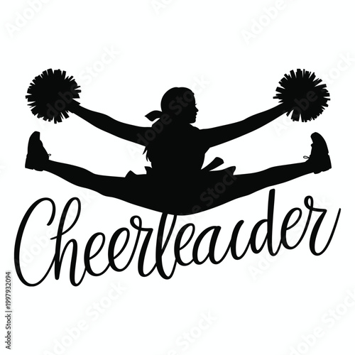 Black silhouette of a cheerleader in a split with pom poms