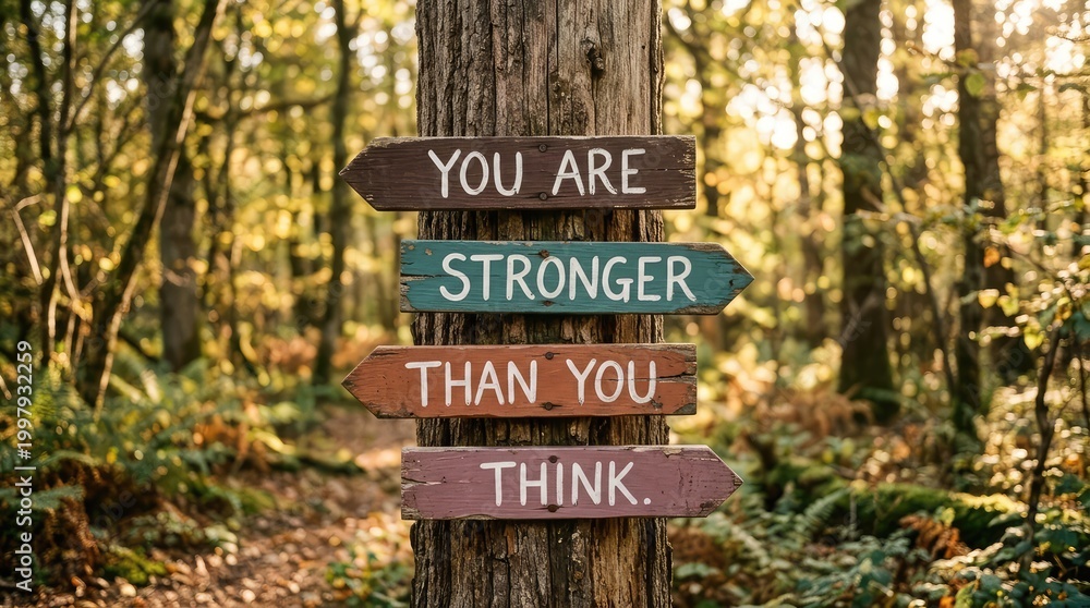 Fototapeta premium Motivational wooden signs displaying You are stronger than you think on a tree in a sunlit forest