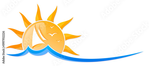 A symbol of the sun with the sailing vessel and birds.