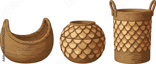 Set of three woven wicker basket vector illustrations featuring a crescent bowl, a round lidded pot, and a tall laundry hamper with handles.