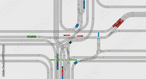Complex highway interchange with multiple lanes and traffic flow.