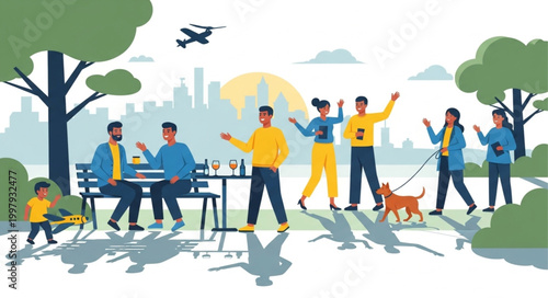 Diverse group of people enjoying a sunny day in the park.