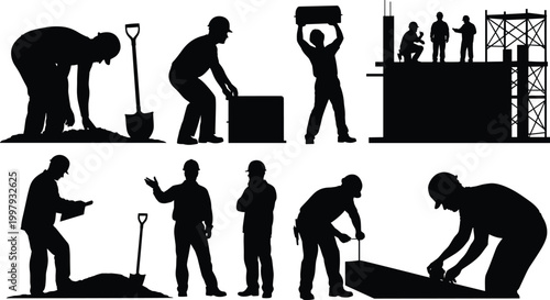 Construction workers silhouette set laborers building site activities industrial workforce vector illustration engineering tools teamwork urban development concept