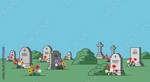 Peaceful Cemetery Landscape with Gravestones and Flowers