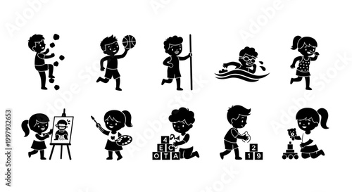 Set of Children Activities Silhouettes Icons