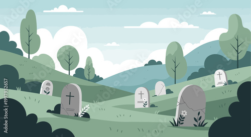 Peaceful Cemetery Landscape with Gravestones, Trees, and Rolling Hills
